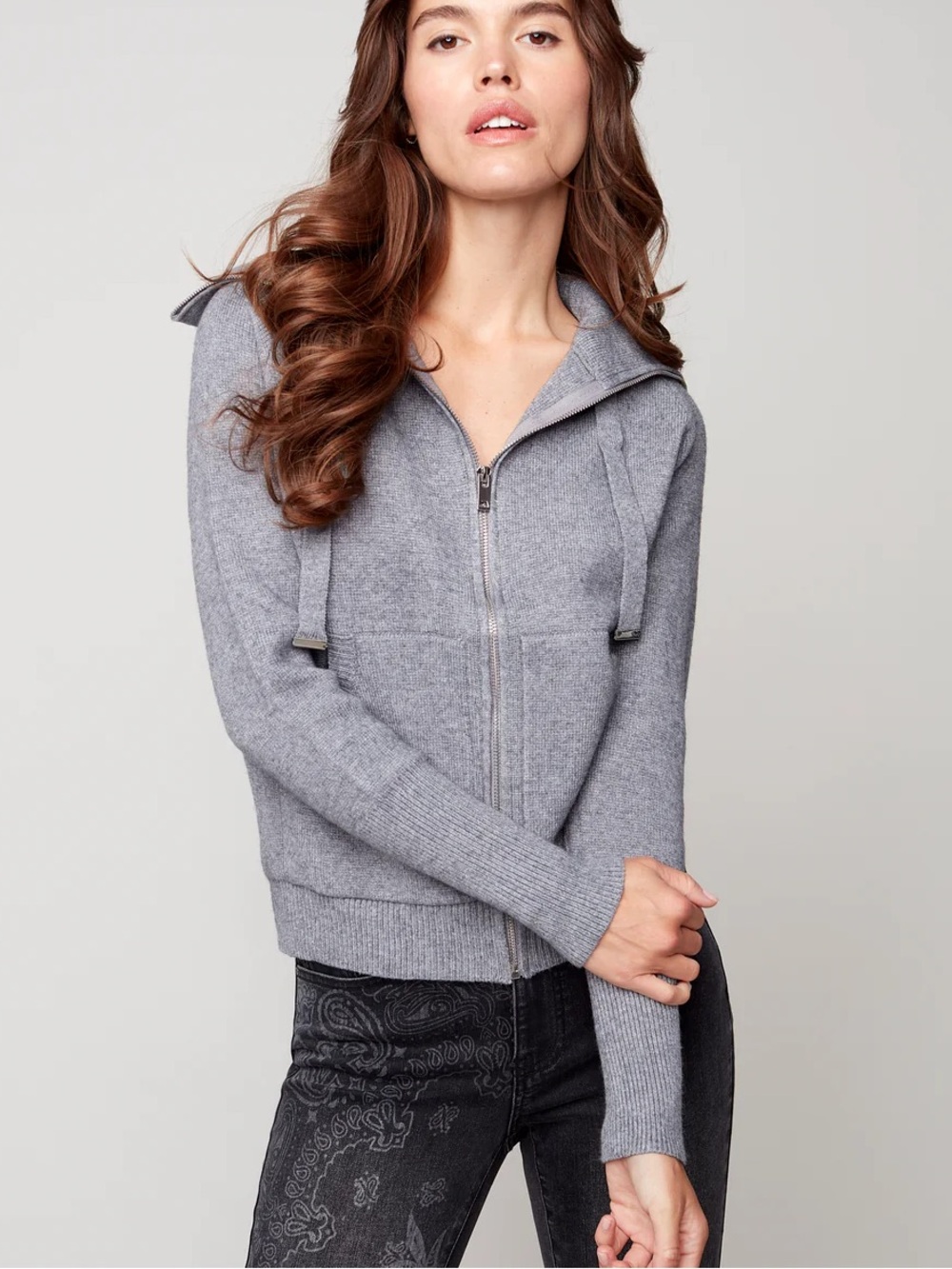 CHARLIE B Women’s Grey Cozy Chic Zip Up Sweater Jacket Size Small